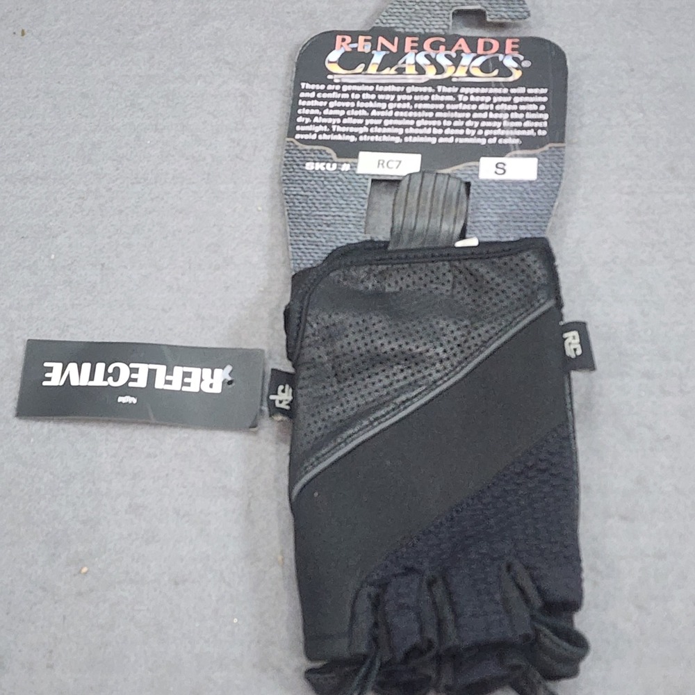 Renegade Classics Fingerless Leather Motorcycle Gloves Black Reflective RC7‎ S